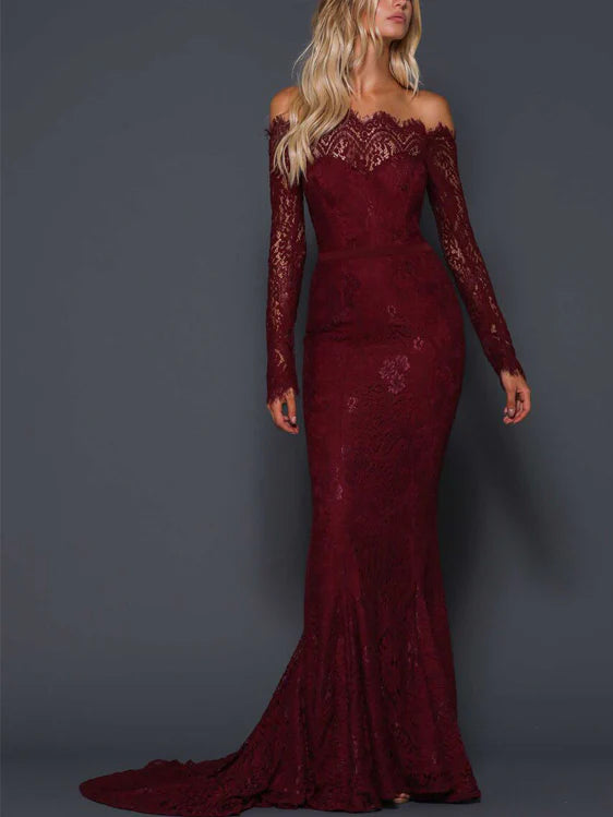 Luolandi Exquisite Lace Off-the-shoulder Neckline Long Sleeves Mermaid Prom Dresses Evening Dresses